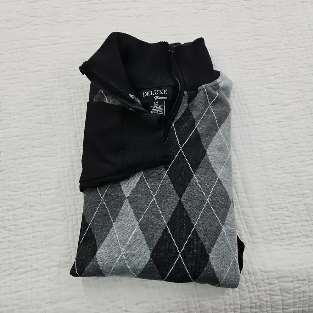 Deluxe Homme 1/4 Zip Pullover Sweater Men's XL Black & Gray‎ Harlequin Luxury